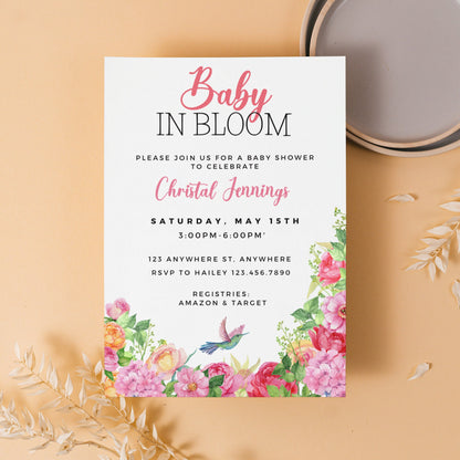 Baby in Bloom Invitation, Baby in Bloom Baby Shower Invitation, Floral Invitation, Floral Baby Shower, Editable Template, Instant Download