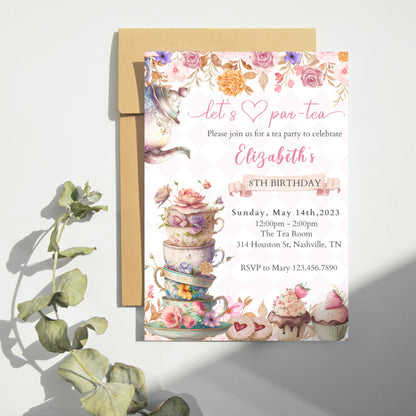 Let's Par-tea Birthday Invitation, Tea Party Invitation Template, High Tea Party Invite, Printable Birthday Party Invite, Birthday Lunch