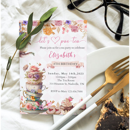 Let's Par-tea Birthday Invitation, Tea Party Invitation Template, High Tea Party Invite, Printable Birthday Party Invite, Birthday Lunch