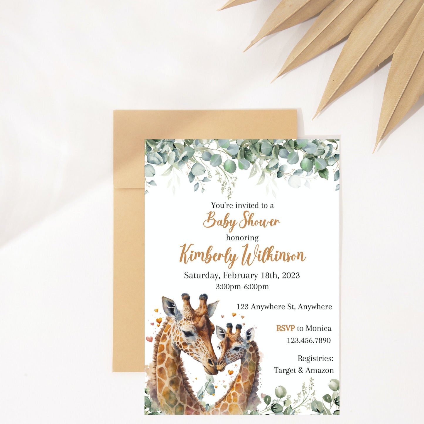 Giraffe Baby Shower Invitation, Gender Neutral Safari Baby Shower Invite, Tropical Jungle Girl Boy Baby Shower, Editable Printable Download