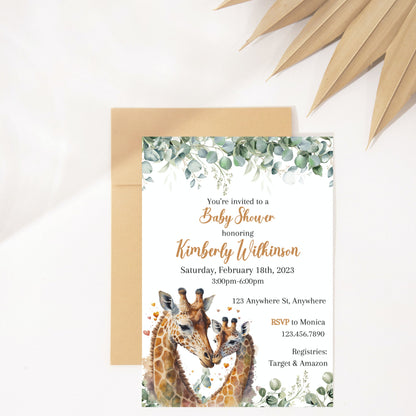 Giraffe Baby Shower Invitation, Gender Neutral Safari Baby Shower Invite, Tropical Jungle Girl Boy Baby Shower, Editable Printable Download