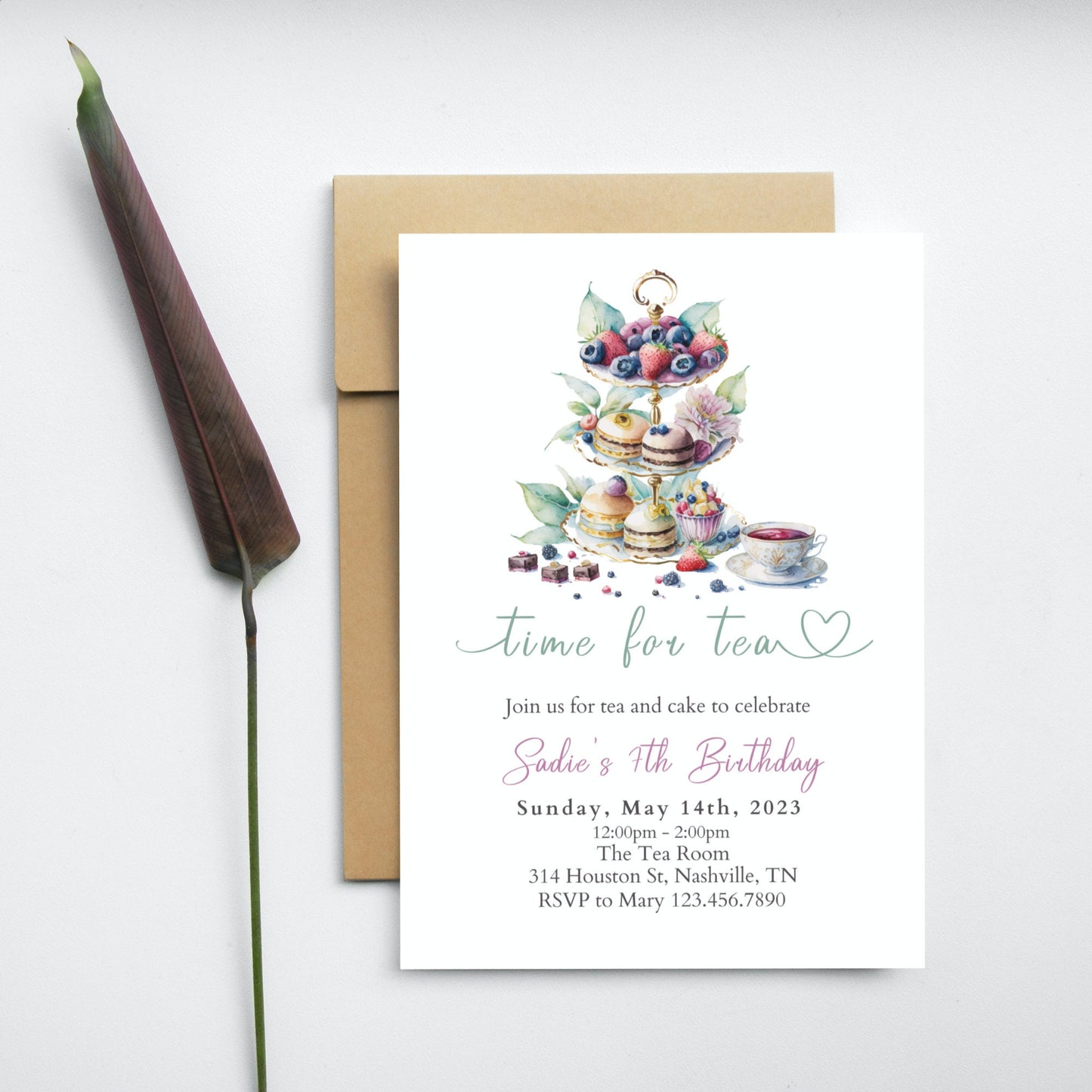 Time for Tea Birthday Invitation, Birthday Par-Tea Invitation, High Tea Party Invite, Tea and Cake Girl Birthday Invitation, Birthday Lunch