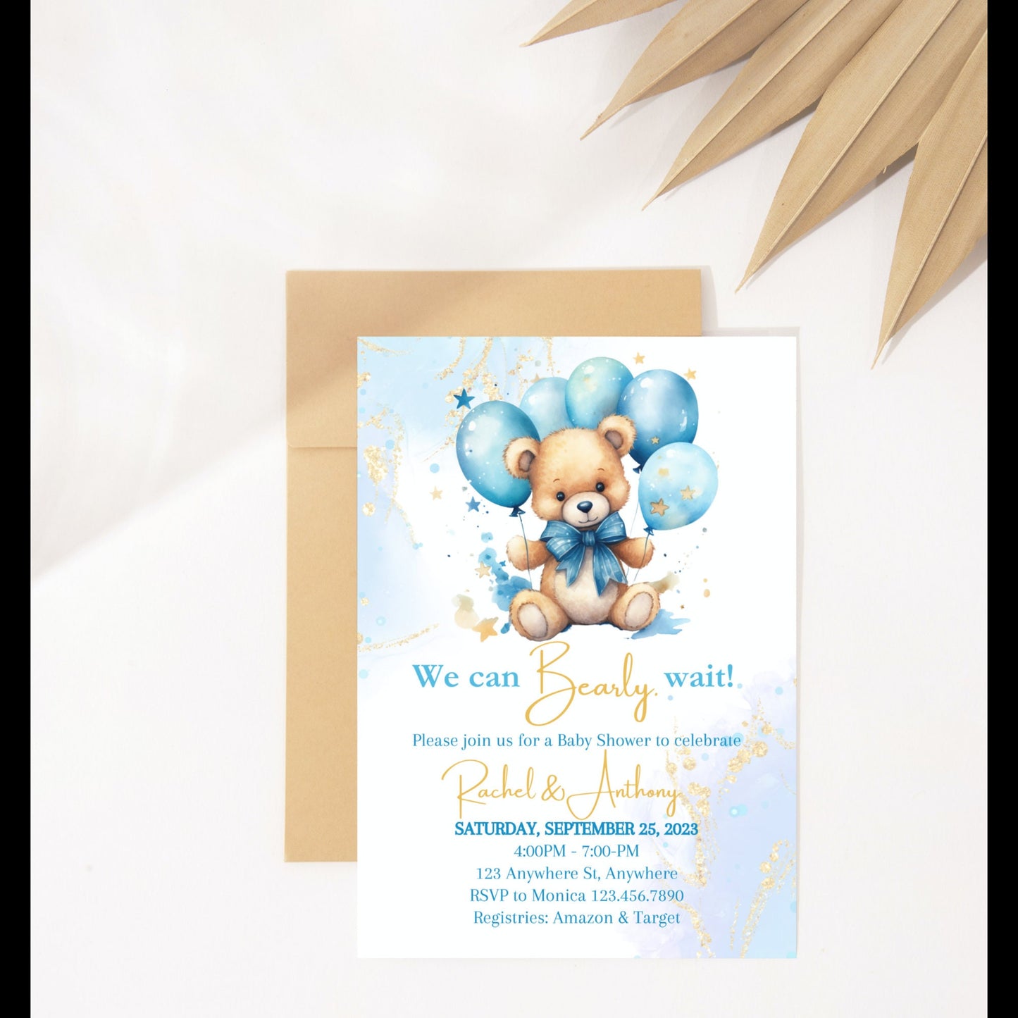 We can bearly wait Baby Shower Invitation, Bear Balloons, Baby Boy Bear Invite,  Baby Shower Invite, Editable Teddy Bear Invitation Baby Boy