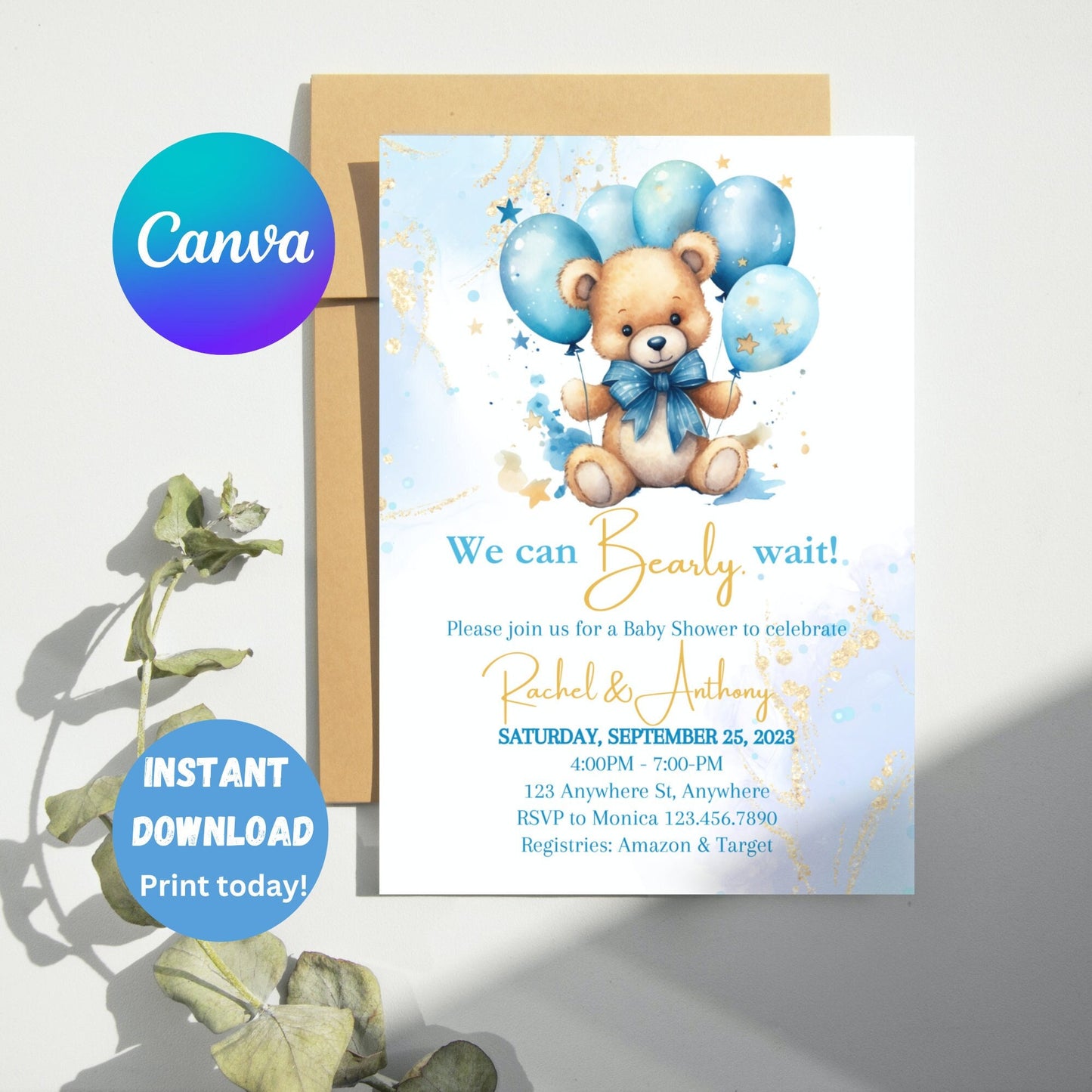 We can bearly wait Baby Shower Invitation, Bear Balloons, Baby Boy Bear Invite,  Baby Shower Invite, Editable Teddy Bear Invitation Baby Boy