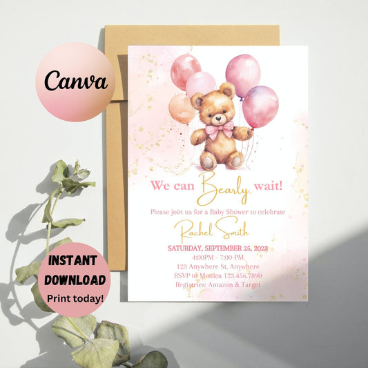 Bear Balloons Baby Shower Invitation Template, We Can Bearly Wait, Baby Girl Bear Invite, Printable Pink Baby Shower Invite, Editable