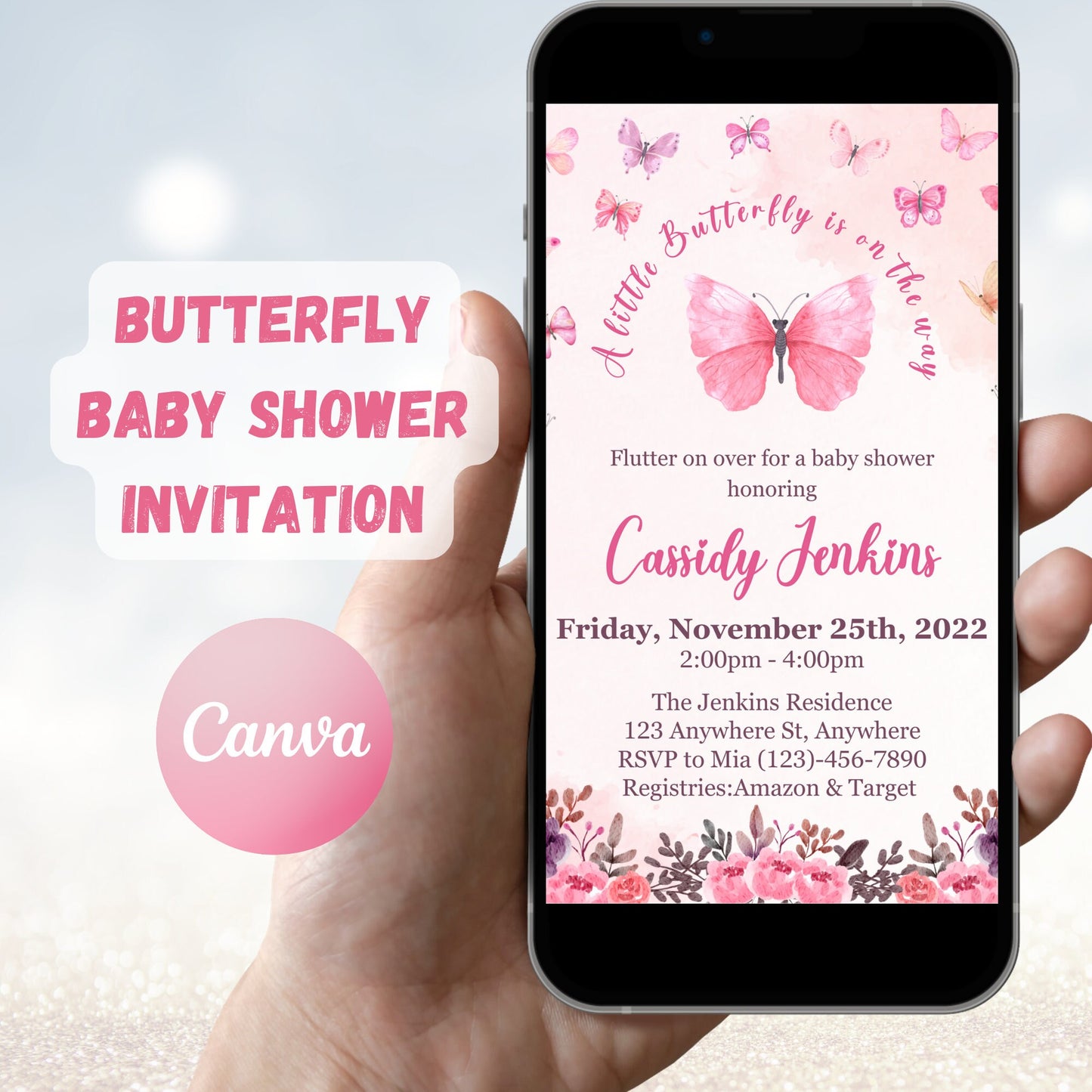 Butterfly Baby Shower Invitation, Butterfly Invitation, Whimsical Floral Butterfly, Floral Butterfly Baby Shower, Instant Download Editable