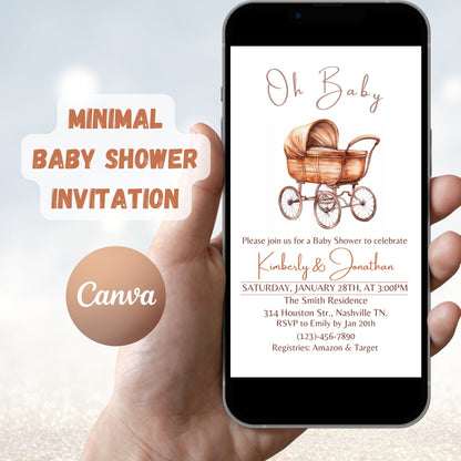 Editable Oh Baby Neutral Stroller Baby Shower Invitation Template, Pram Baby Shower Invite, Minimalist Boho Baby Shower, Instant Download