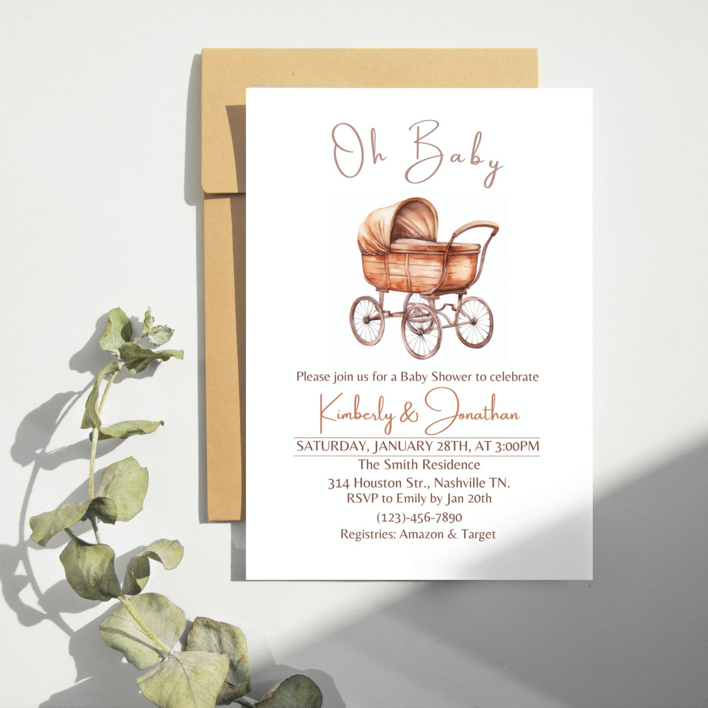 Editable Oh Baby Neutral Stroller Baby Shower Invitation Template, Pram Baby Shower Invite, Minimalist Boho Baby Shower, Instant Download