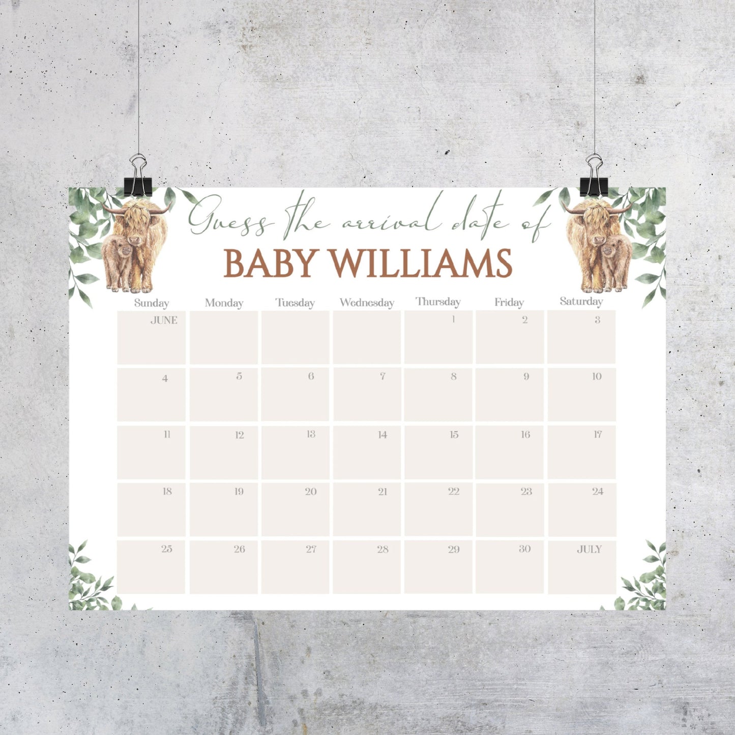 Boho Highland Cow Baby Due Date Calendar Game, Baby Arrival Date Calendar, Guess Baby's Birth Date, Editable Baby Prediction, Due Date Game