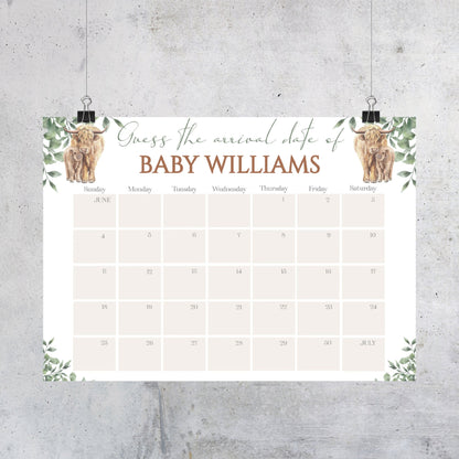 Boho Highland Cow Baby Due Date Calendar Game, Baby Arrival Date Calendar, Guess Baby's Birth Date, Editable Baby Prediction, Due Date Game