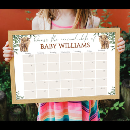 Boho Highland Cow Baby Due Date Calendar Game, Baby Arrival Date Calendar, Guess Baby's Birth Date, Editable Baby Prediction, Due Date Game