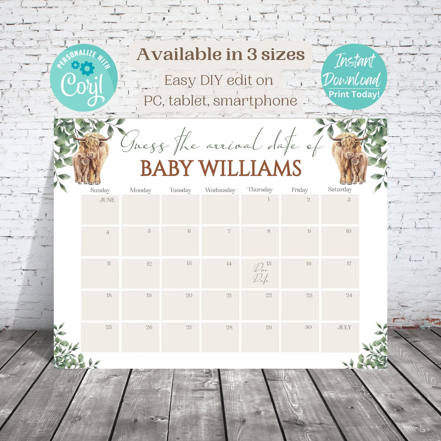 Boho Highland Cow Baby Due Date Calendar Game, Baby Arrival Date Calendar, Guess Baby's Birth Date, Editable Baby Prediction, Due Date Game