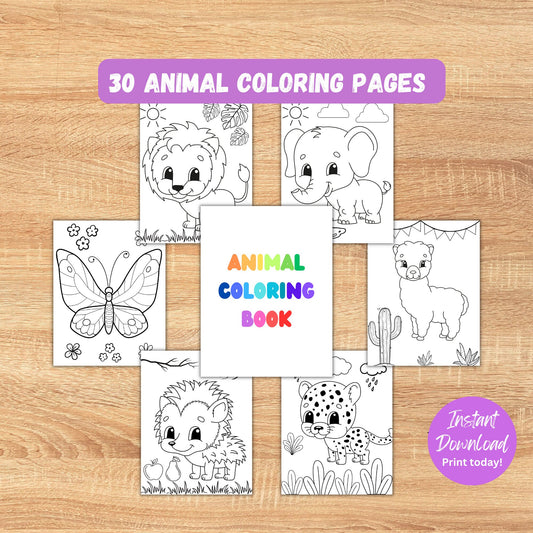 Coloring Pages for Kids, 30 Printable Animal Coloring Pages, Kids Coloring Book, Homeschool Printable, Activity Book, Instant Download