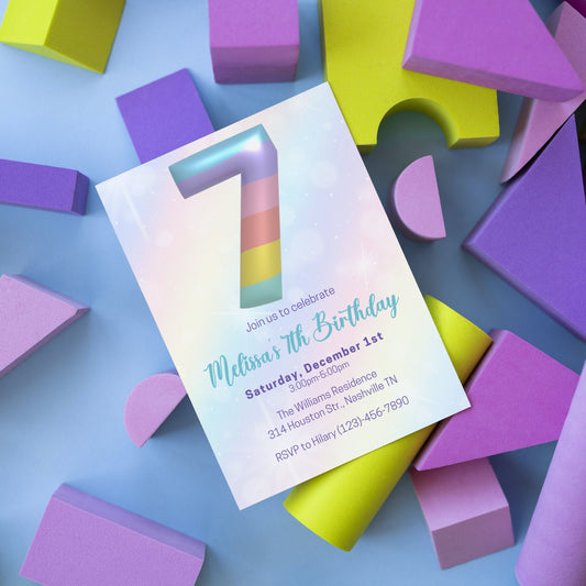 Editable Rainbow 7th Birthday Invitation Template, Rainbow Girl Birthday Party Invite, Balloon Girl Seventh Birthday Invite,Instant Download