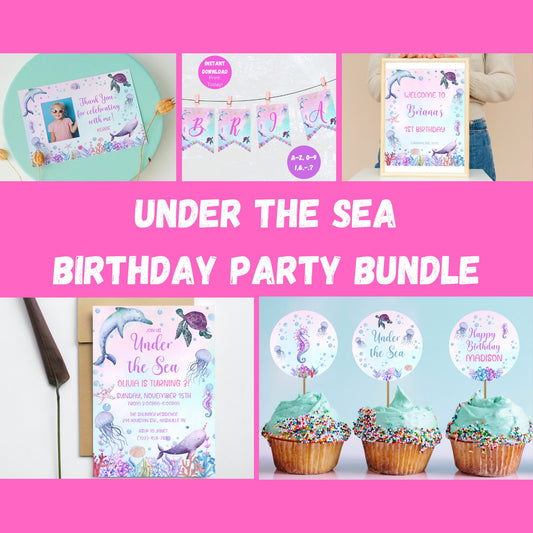 Editable Under The Sea Birthday Invitation Bundle, Under the Sea Birthday Decor Set, Octopus Ocean Mermaid Birthday Bundle, Instant Download