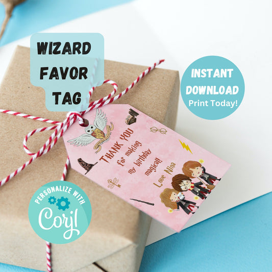 Wizard Birthday Party Favor Tag Editable Template, Wizard Thank You Tag, Magical Wizardry Birthday Goodie Bag Label, Girl Witch Gift Tag