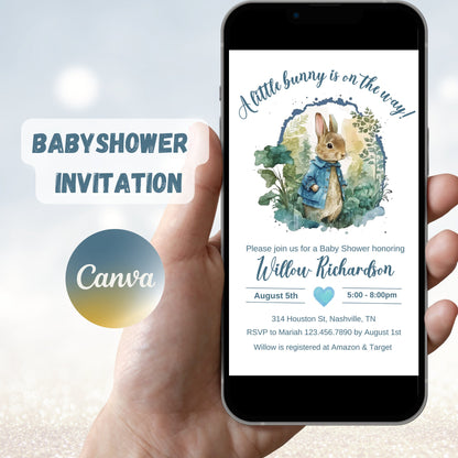 Editable Peter Rabbit Baby Shower Invitation Boy Blue Rustic Peter Rabbit Invitation Little Bunny Spring Sprinkle Template Instant Download