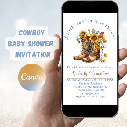 Little Cowboy Baby Shower Invitation, Editable Cowboy Baby Shower Invite, A little Cowboy Baby Shower, Instant Download Template