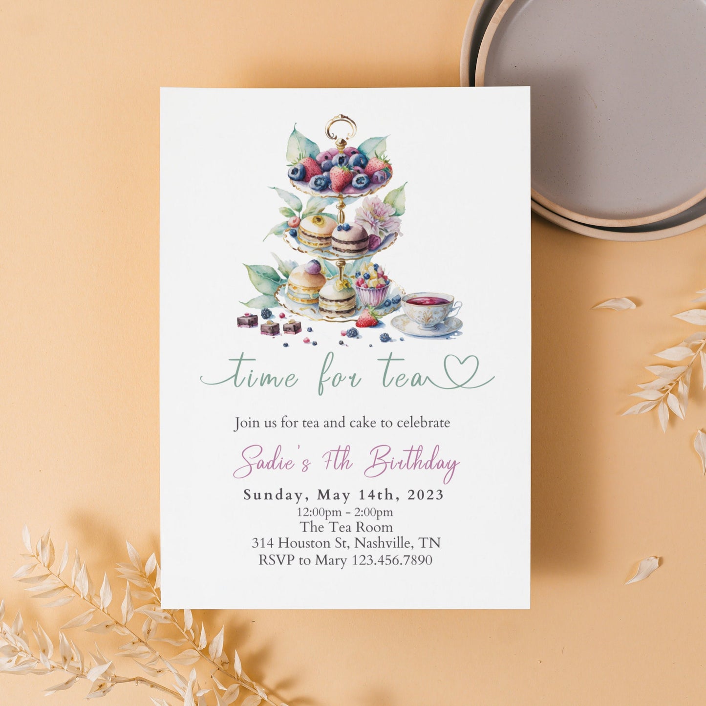 Time for Tea Birthday Invitation, Birthday Par-Tea Invitation, High Tea Party Invite, Tea and Cake Girl Birthday Invitation, Birthday Lunch