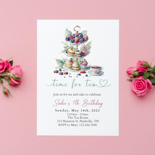 Time for Tea Birthday Invitation, Birthday Par-Tea Invitation, High Tea Party Invite, Tea and Cake Girl Birthday Invitation, Birthday Lunch