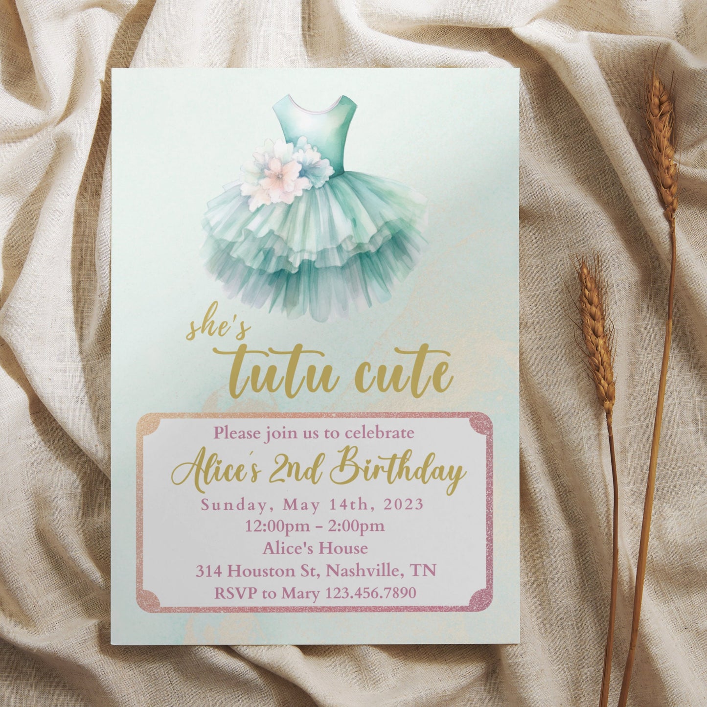 Tutu Birthday Invitation, Ballerina Invite, Mint Tutu Ballerina Birthday Invite, Ballet Tutu Cute, Digital Editable Template, Printable