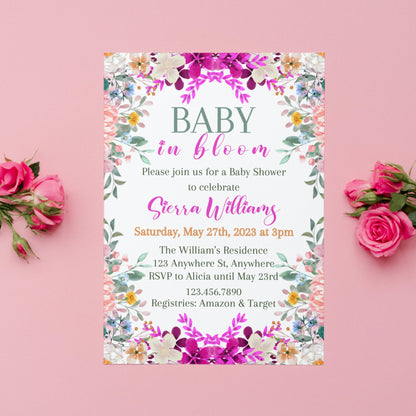 Baby in Bloom Invitation, Baby in Bloom Baby Shower Invitation, Floral Invite, Floral Baby Shower, Editable Garden Party Invitation Template