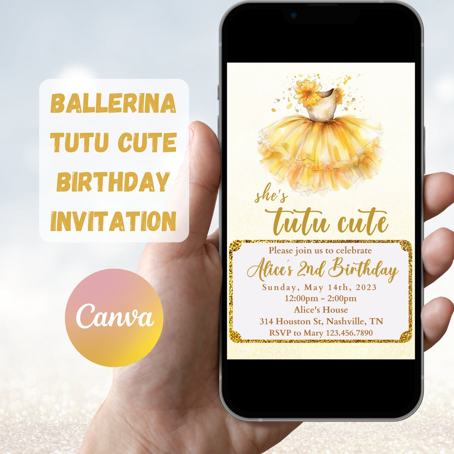 Tutu Birthday Invitation, Ballerina Invite, Gold Tutu Ballerina Birthday Invite, Ballet Tutu Cute, Digital Editable Template, Printable