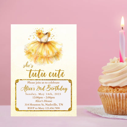 Tutu Birthday Invitation, Ballerina Invite, Gold Tutu Ballerina Birthday Invite, Ballet Tutu Cute, Digital Editable Template, Printable