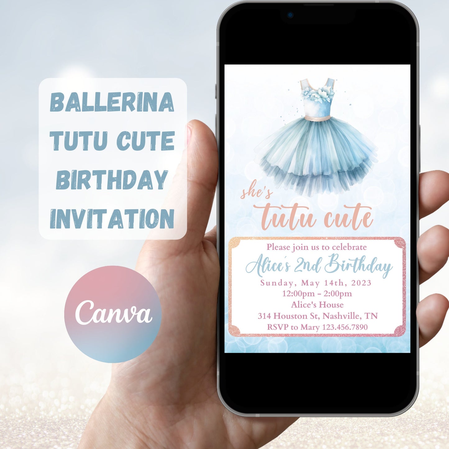 Tutu Birthday Invitation, Ballerina Invite, Blue Tutu Ballerina Birthday Invite, Ballet Tutu Cute, Digital Editable Template, Printable