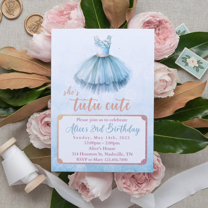 Tutu Birthday Invitation, Ballerina Invite, Blue Tutu Ballerina Birthday Invite, Ballet Tutu Cute, Digital Editable Template, Printable