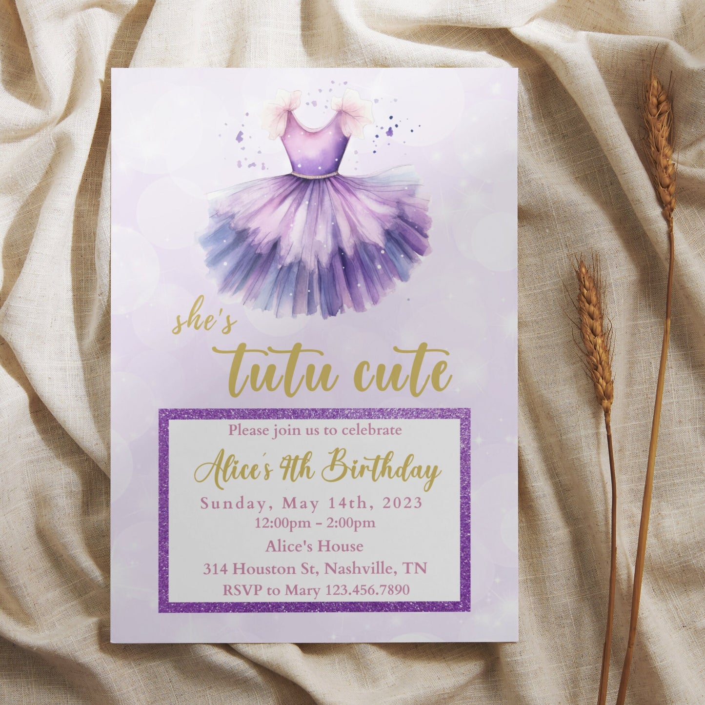 Tutu Birthday Invitation, Ballerina Invite, Purple Tutu Ballerina Birthday Invite, Ballet Tutu Cute, Digital Editable Template, Printable