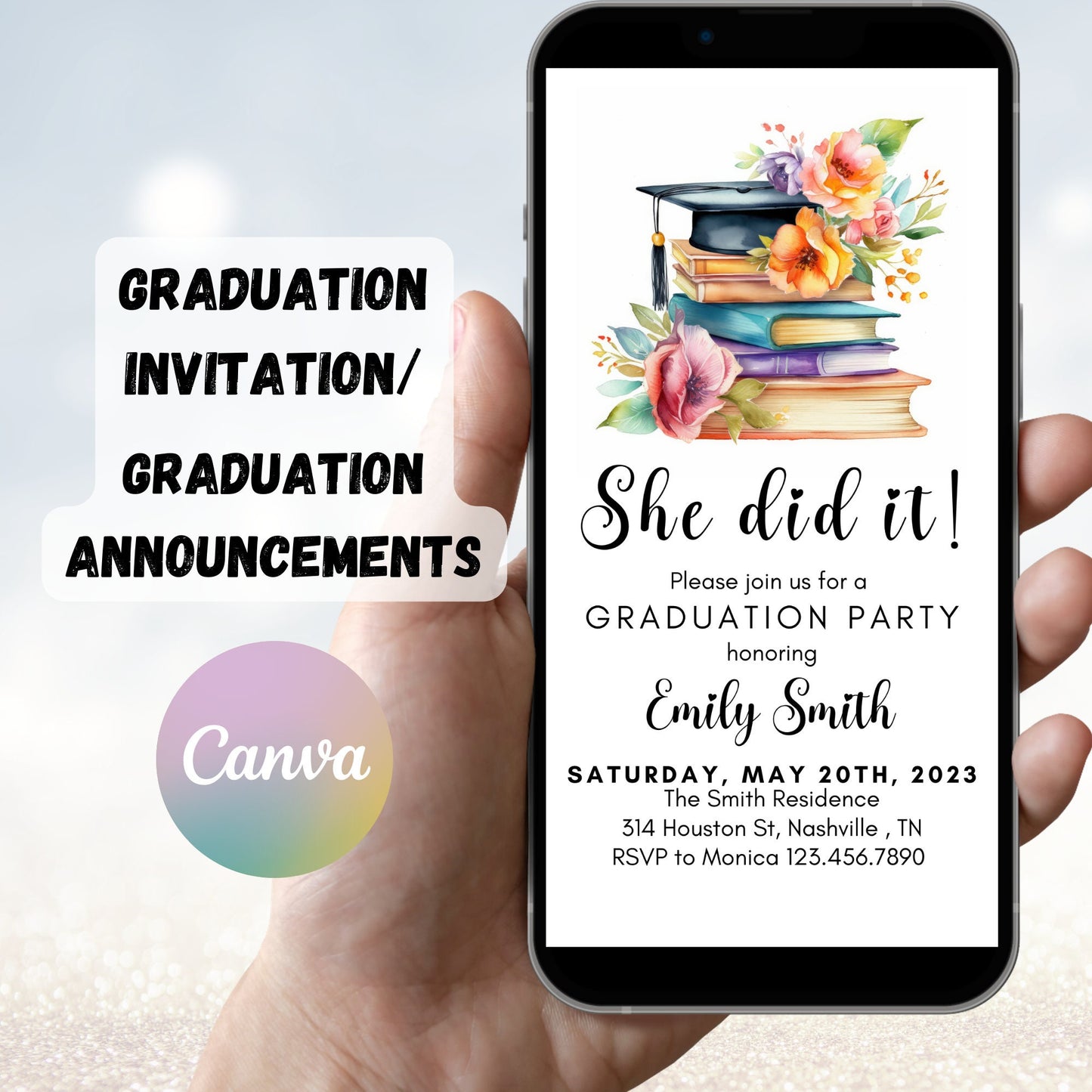 Minimalist Graduation Announcement, 2023 Graduation Party Invitation Template, She Did It Graduation Party Invite, Instant Download