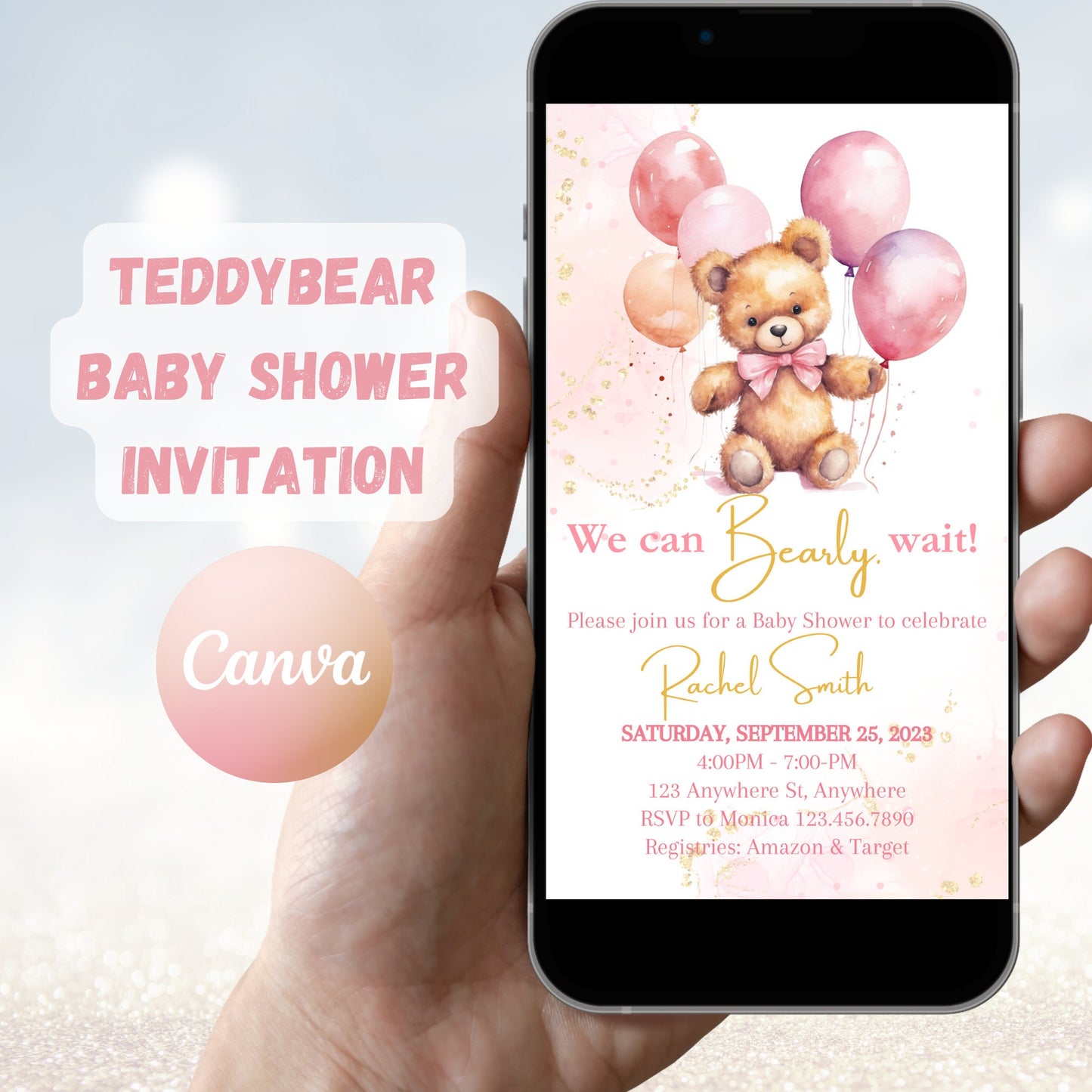 Bear Balloons Baby Shower Invitation Template, We Can Bearly Wait, Baby Girl Bear Invite, Printable Pink Baby Shower Invite, Editable