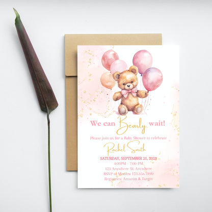 Bear Balloons Baby Shower Invitation Template, We Can Bearly Wait, Baby Girl Bear Invite, Printable Pink Baby Shower Invite, Editable