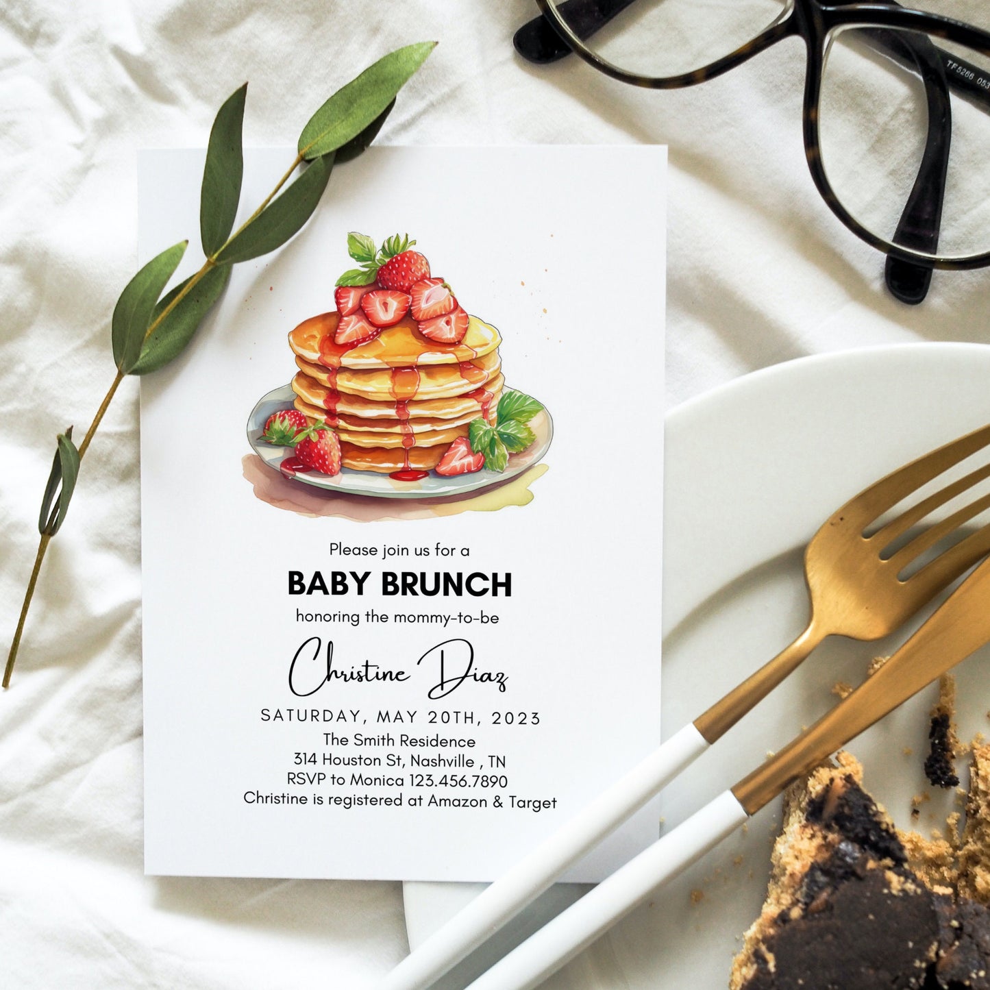 Baby Brunch Invitation, Baby Shower Brunch Invitation, Pancakes Invite, Baby Sprinkle Brunch, Strawberry Brunch Invitation, Instant Download