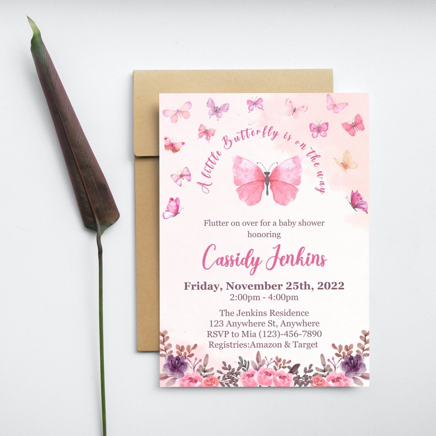 Butterfly Baby Shower Invitation, Butterfly Invitation, Whimsical Floral Butterfly, Floral Butterfly Baby Shower, Instant Download Editable