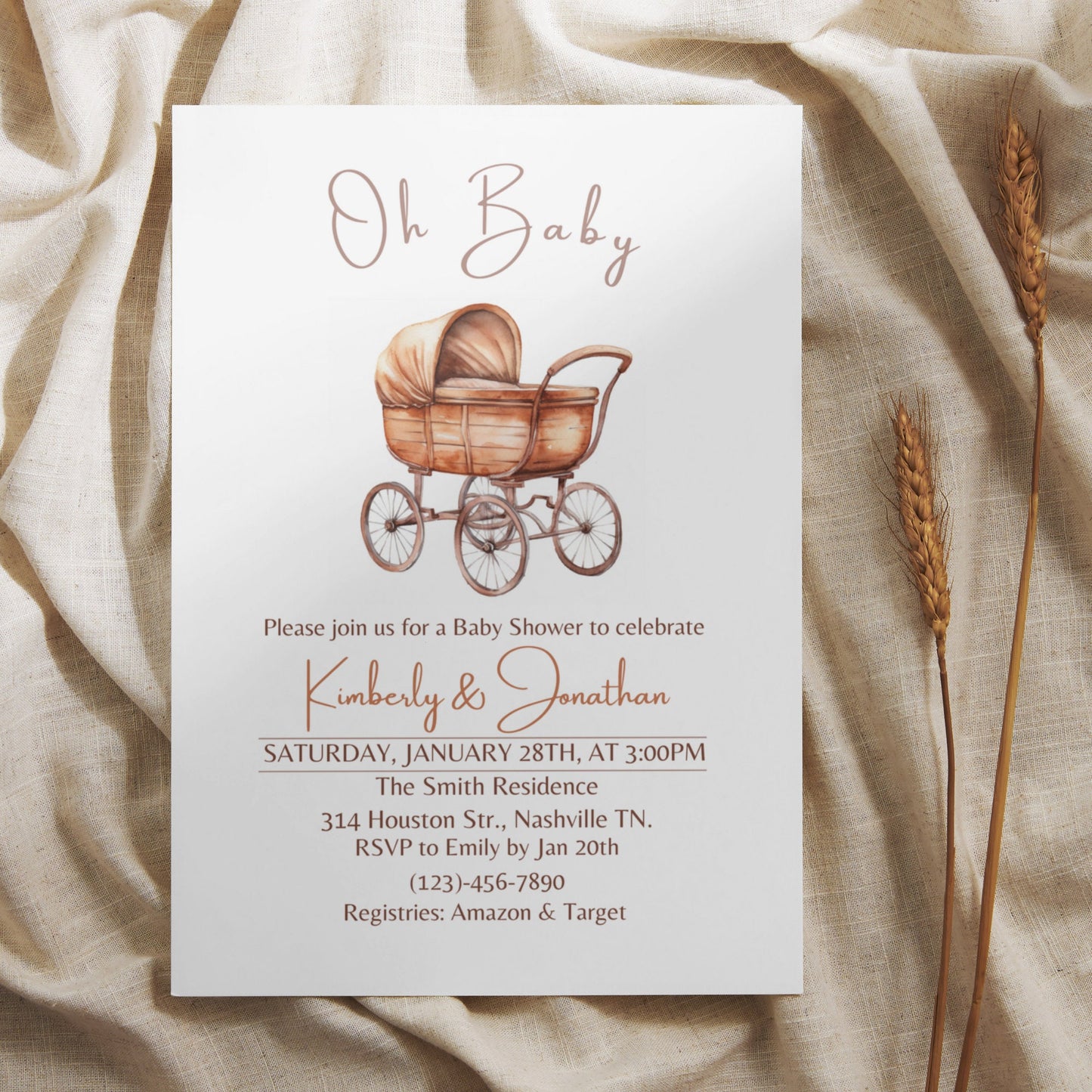 Editable Oh Baby Neutral Stroller Baby Shower Invitation Template, Pram Baby Shower Invite, Minimalist Boho Baby Shower, Instant Download