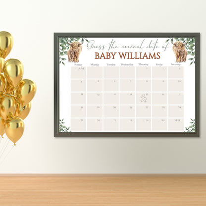 Boho Highland Cow Baby Due Date Calendar Game, Baby Arrival Date Calendar, Guess Baby's Birth Date, Editable Baby Prediction, Due Date Game