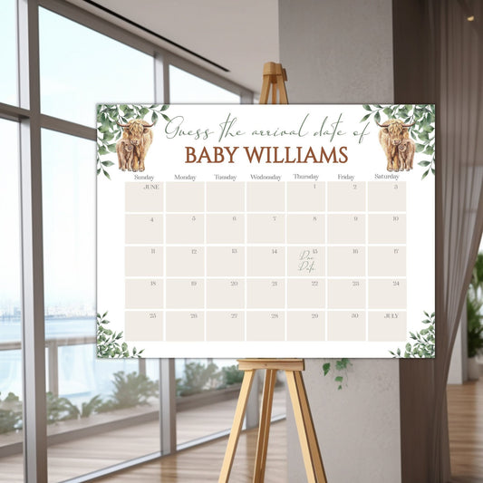 Boho Highland Cow Baby Due Date Calendar Game, Baby Arrival Date Calendar, Guess Baby's Birth Date, Editable Baby Prediction, Due Date Game