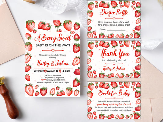 Strawberry Baby Shower Invitation Bundle, Berry Sweet Baby on the Way, Berry Sweet Invitation Set, Strawberry Invite, Instant Download