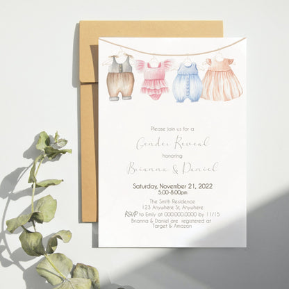 Boho Gender Reveal Invitation, Gender Neutral Invite, He or She, Baby Clothes Invitation, Minimal Baby Shower, Editable Instant download