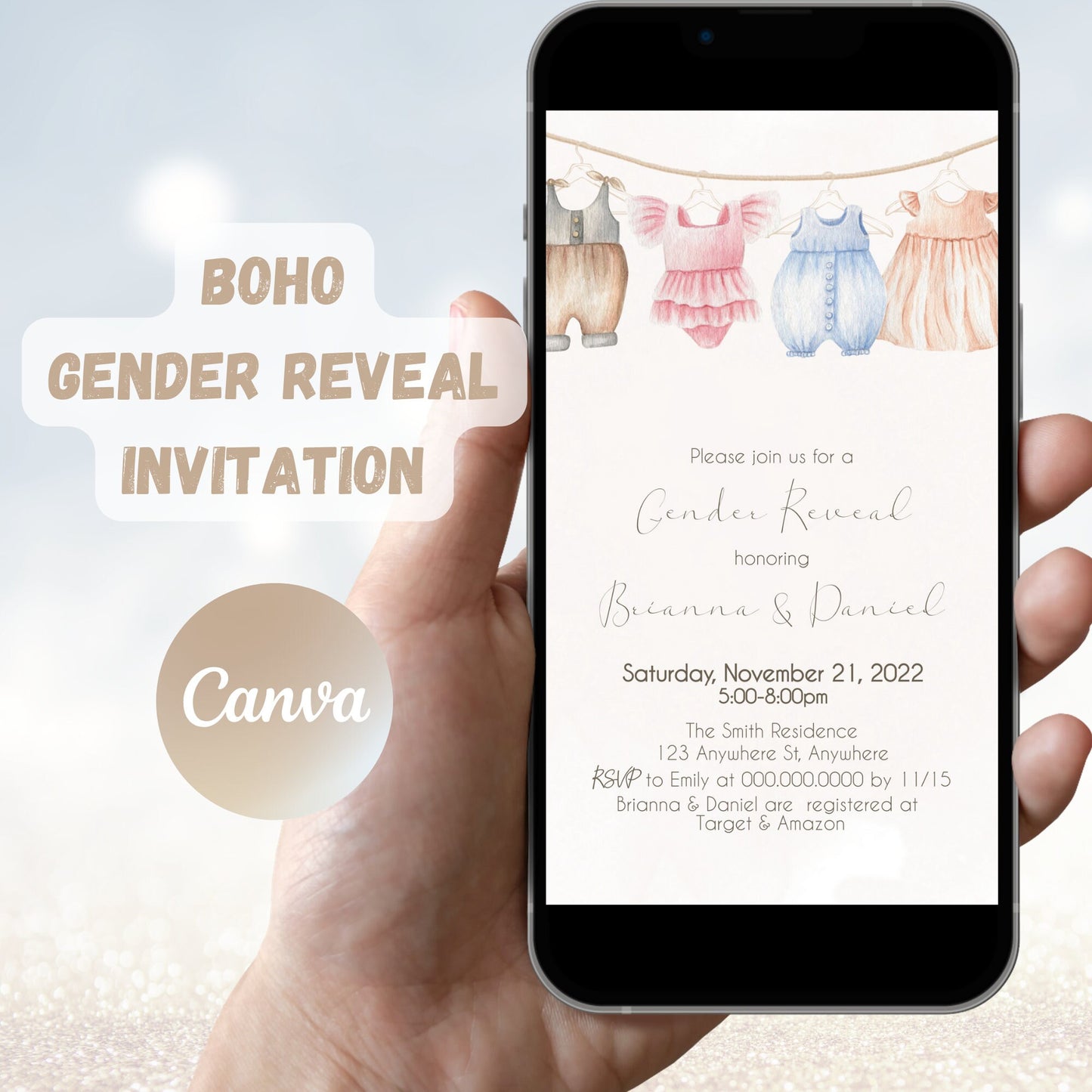 Boho Gender Reveal Invitation, Gender Neutral Invite, He or She, Baby Clothes Invitation, Minimal Baby Shower, Editable Instant download