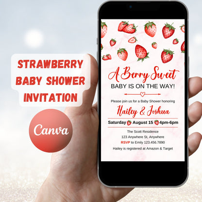 Strawberry Baby Shower Invitation, Berry Sweet Baby on the Way, Berry Sweet Invitation, Strawberry Baby Shower Invite, Instant Download