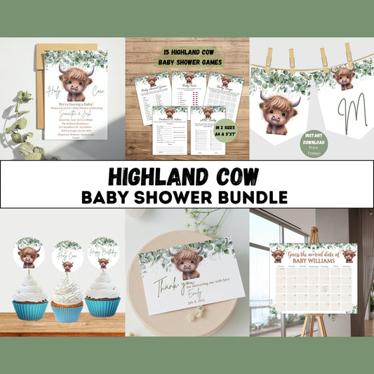 Boho Highland Cow Baby Shower Invitation Bundle, Gender Neutral Cow Baby Shower, Holy Cow Baby Shower Invitation Set, Editable Template