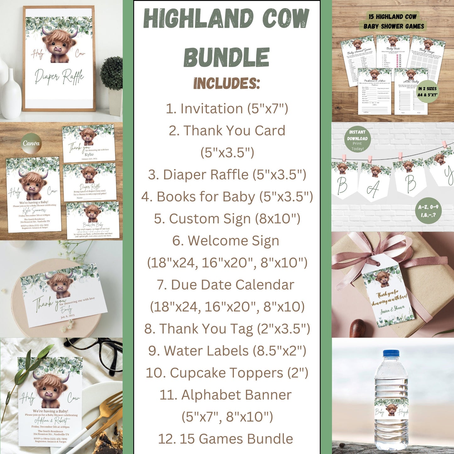 Boho Highland Cow Baby Shower Invitation Bundle, Gender Neutral Cow Baby Shower, Holy Cow Baby Shower Invitation Set, Editable Template