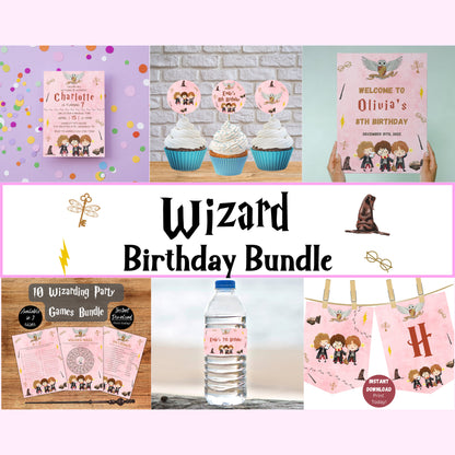 Wizard Birthday Invitation Bundle, Editable Printable Magical Birthday Party Bundle, Witch Kids Party Decor, Girl Wizard Invitation Bundle