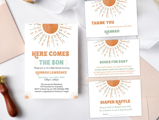 Here Comes The Son Baby Shower Invite Set, Editable Sunshine Baby Shower Invitation Bundle, Retro Boho Boy Sun Invite, Instant Download