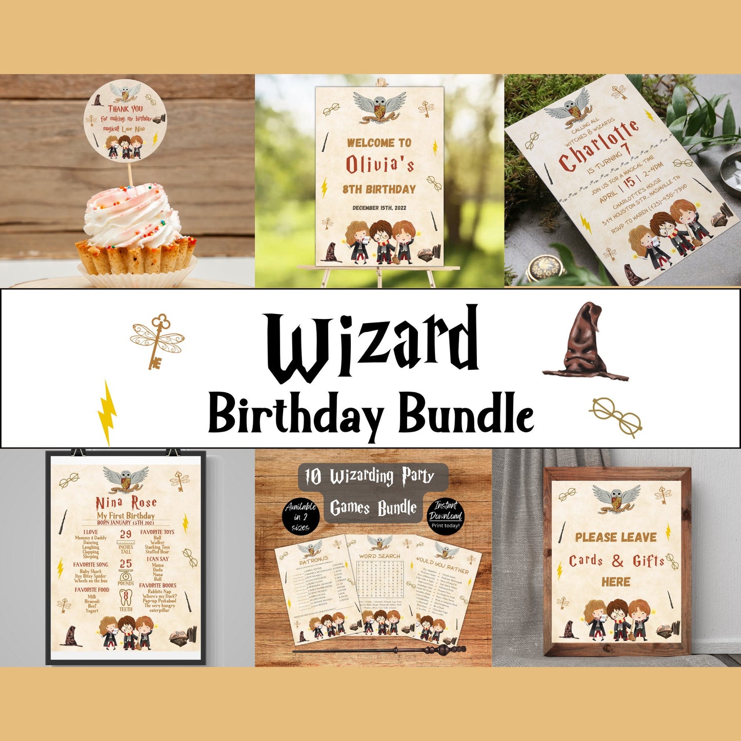 Wizard Birthday Invitation Bundle, Editable Printable Magical Birthday Party Bundle, Witch Kids Party Decor, Boys & Girls Wizard Invitation