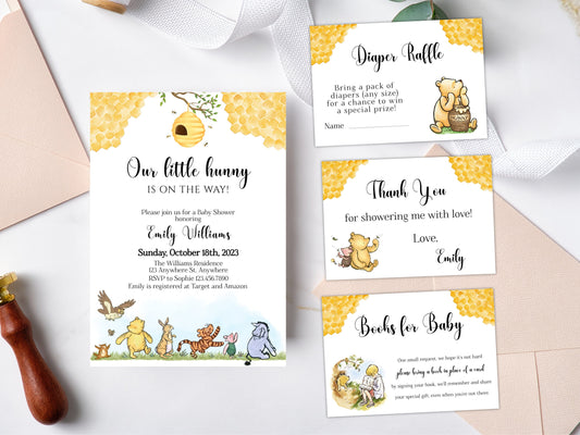 Classic Winnie the Pooh Baby Shower Invitation Set, Gender Neutral Pooh Bear Baby Shower, Little Hunny Baby Shower Bundle, Instant Download