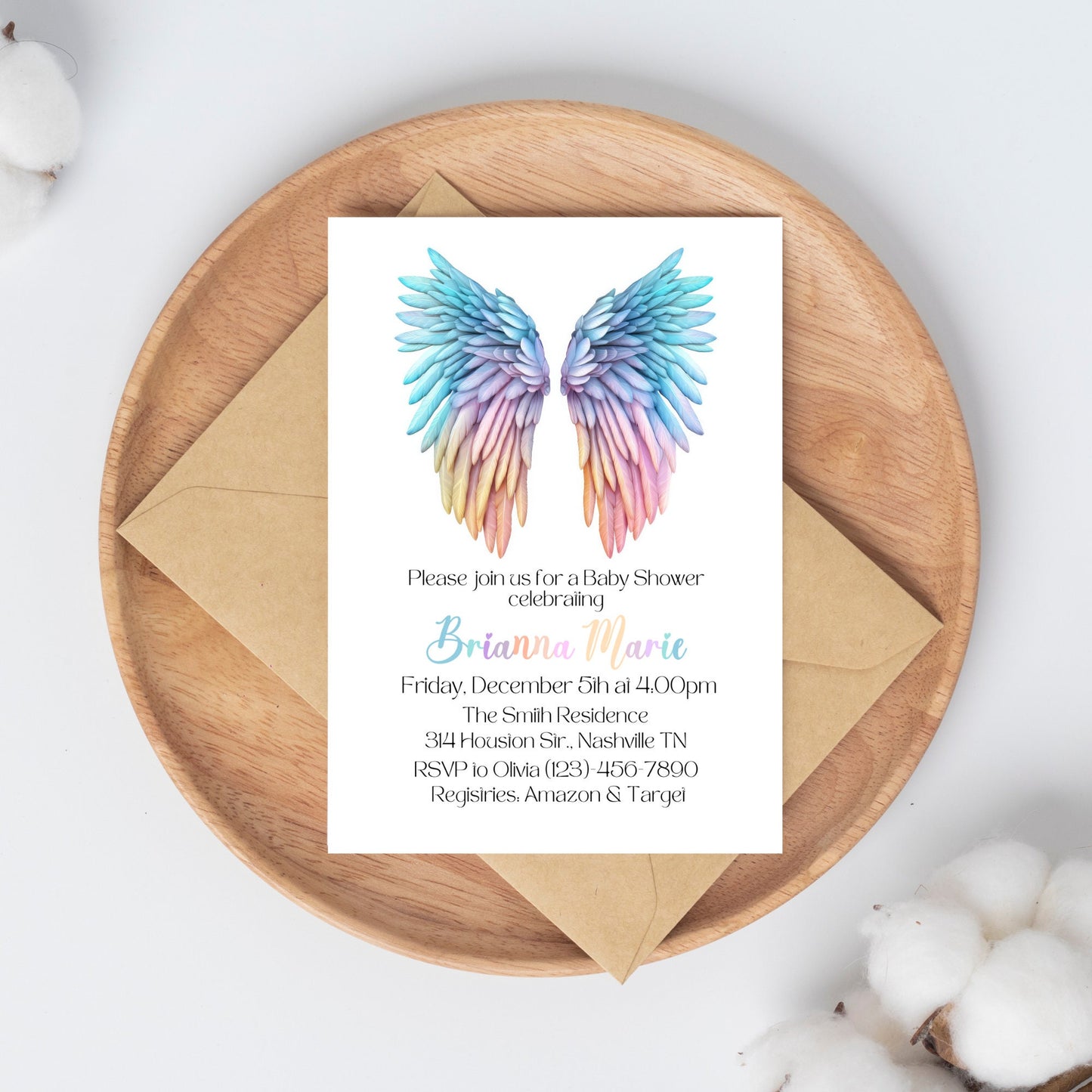 Angel Wings Baby Shower Invitation Template, Rainbow Wings Baby Shower Invite, Rainbow Gender Reveal Invite, Editable Instant Download